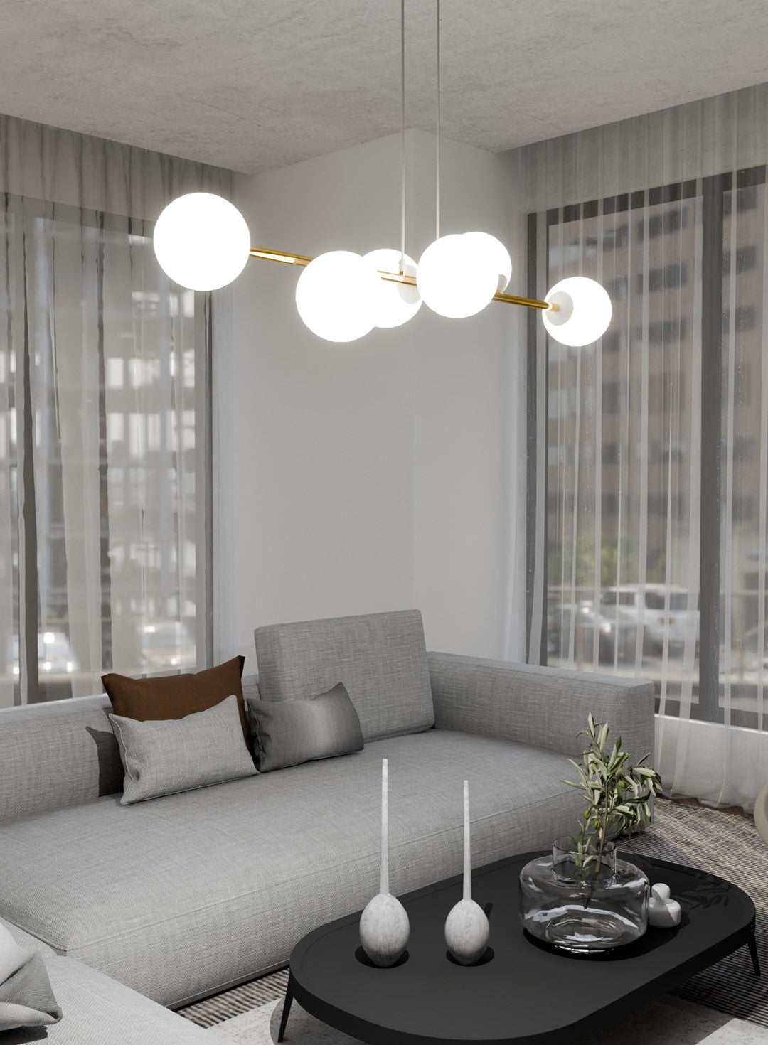 Hanglamp Gravity gepoedercoat staal en glas wit met goud, 6 lichtpunten, 110 x 100 cm, eettafel en woonkamer