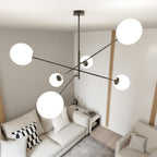 Hanglamp 6 lichts gepoedercoat staal en glas, modern, zwart met wit opaal glas, 102 x 51 cm, eettafel en keuken