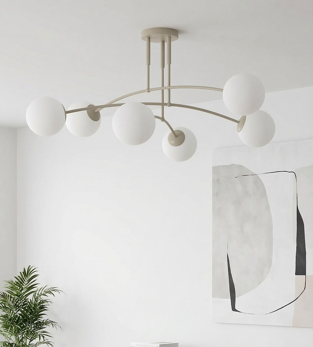 Plafondlamp gepoedercoat staal en glas, modern, beige met witte glazen kappen, 6 lichtpunten, 70 x 60 cm