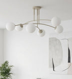Plafondlamp gepoedercoat staal en glas, modern, beige met witte glazen kappen, 6 lichtpunten, 70 x 60 cm