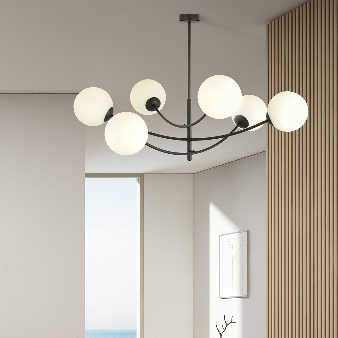 Plafondlamp gepoedercoat staal en glas Hunter 6 lichtpunten, modern, zwart met wit glas – 89 x 63 cm