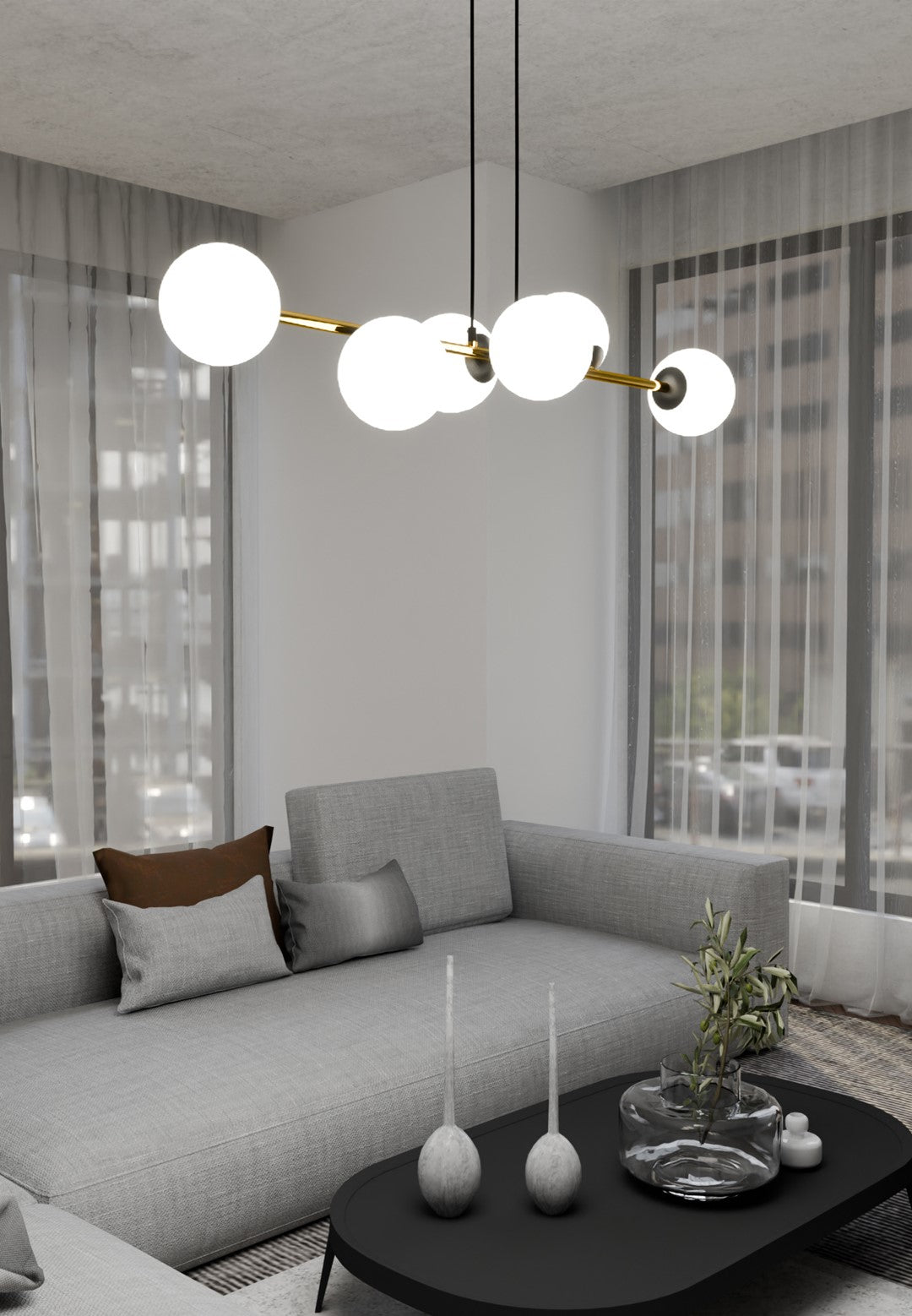 Hanglamp gepoedercoat staal en glas Gravity, zwart met goud en witte glazen kappen, 6 lichts, 110 cm breed