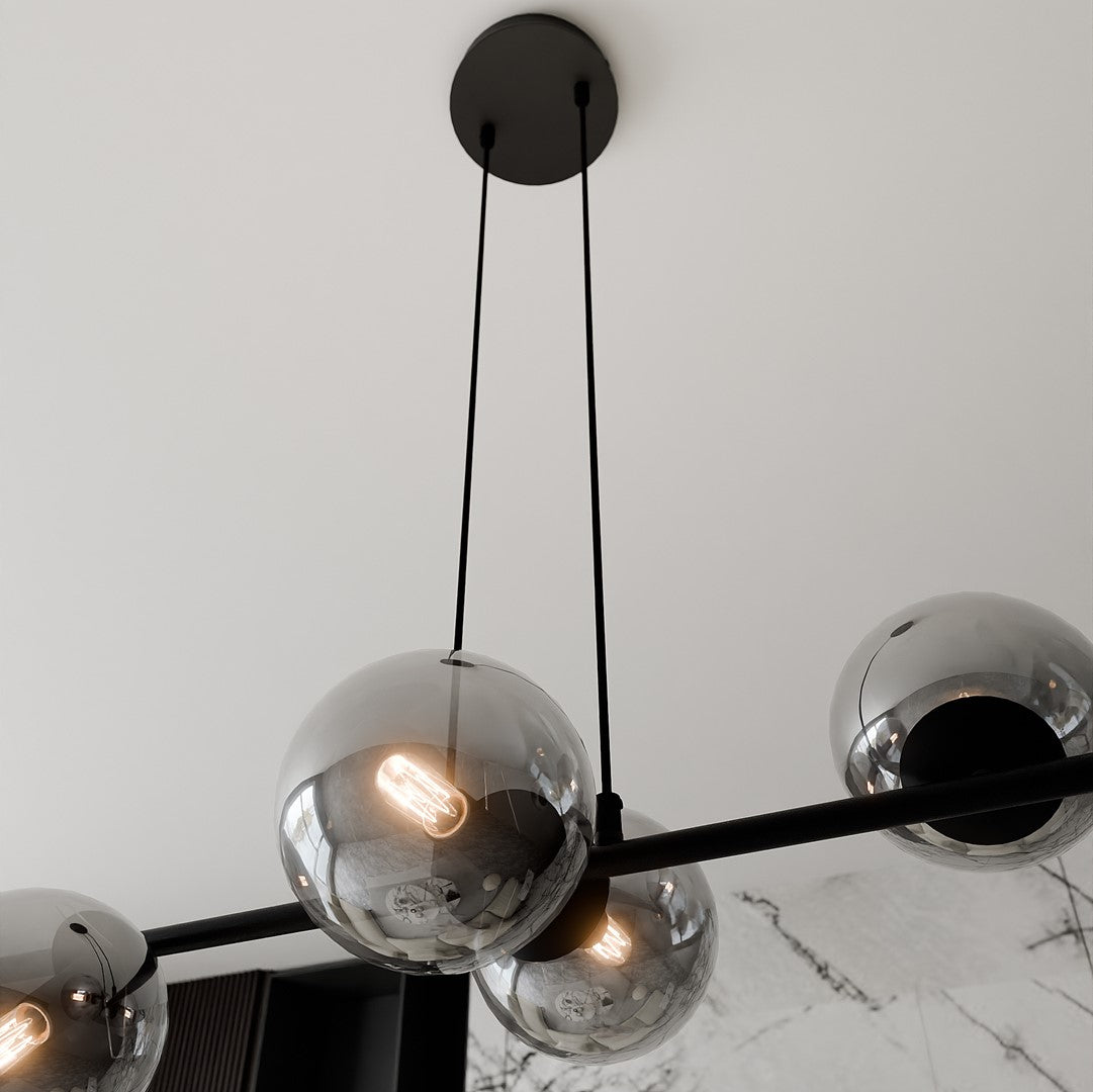 Hanglamp staal en glas Rossi zwart met grafiet glazen kappen 110 cm, 6 lichts, voor eettafel en woonkamer
