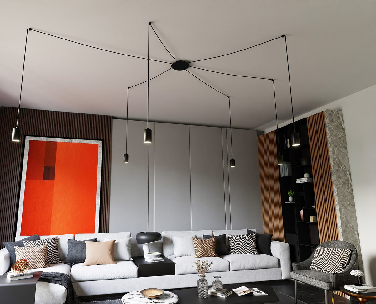 Hanglamp gepoedercoat staal Traker zwart, 6 lichts met GU10-fittingen, verstelbare hoogte, modern