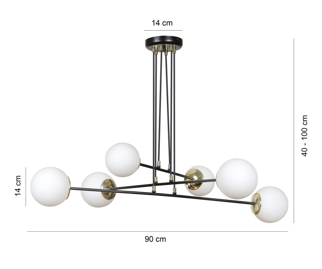 Hanglamp gepoedercoat staal en glas Ognis, zwart met witte glazen kappen, 6 lichtpunten, E27, eettafel en hal