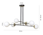Hanglamp gepoedercoat staal en glas Ognis, zwart met witte glazen kappen, 6 lichtpunten, E27, eettafel en hal