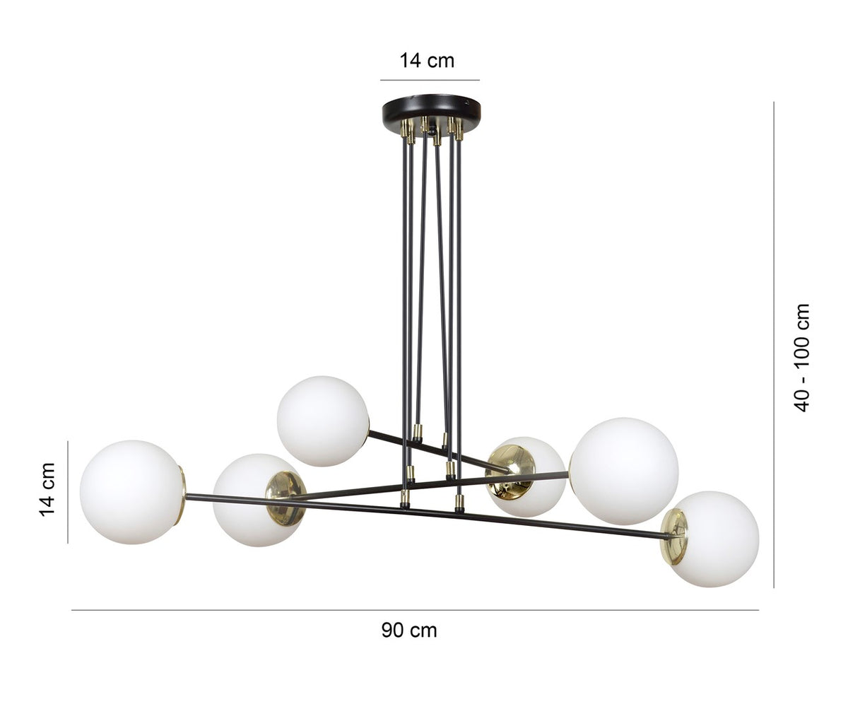 Hanglamp gepoedercoat staal en glas Ognis, zwart met witte glazen kappen, 6 lichtpunten, E27, eettafel en hal