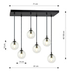 Hanglamp gepoedercoat staal en glas, modern Cosmo, zwart met transparante kappen, 6 lichts, 65 x 120 cm