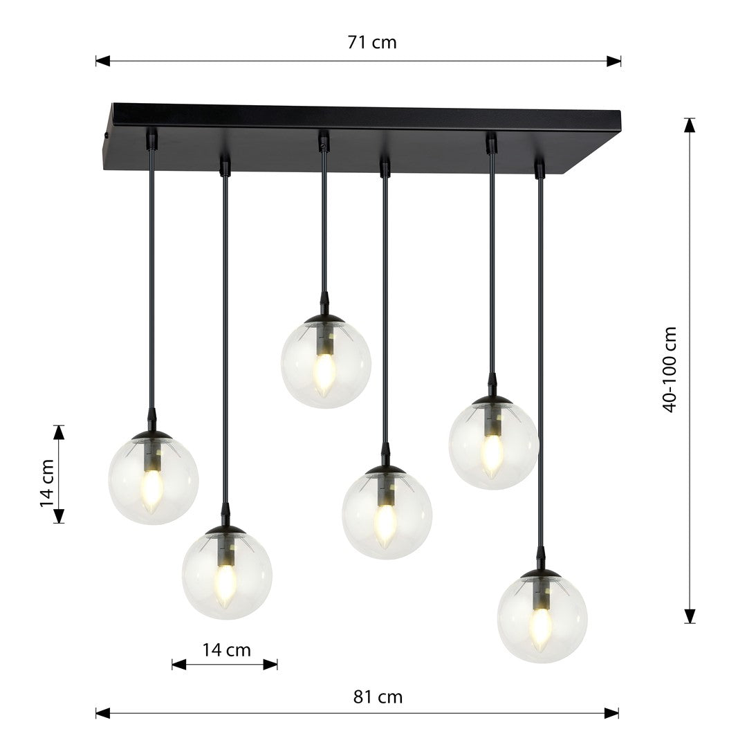 Hanglamp gepoedercoat staal en glas, modern Cosmo, zwart met transparante kappen, 6 lichts, 65 x 120 cm