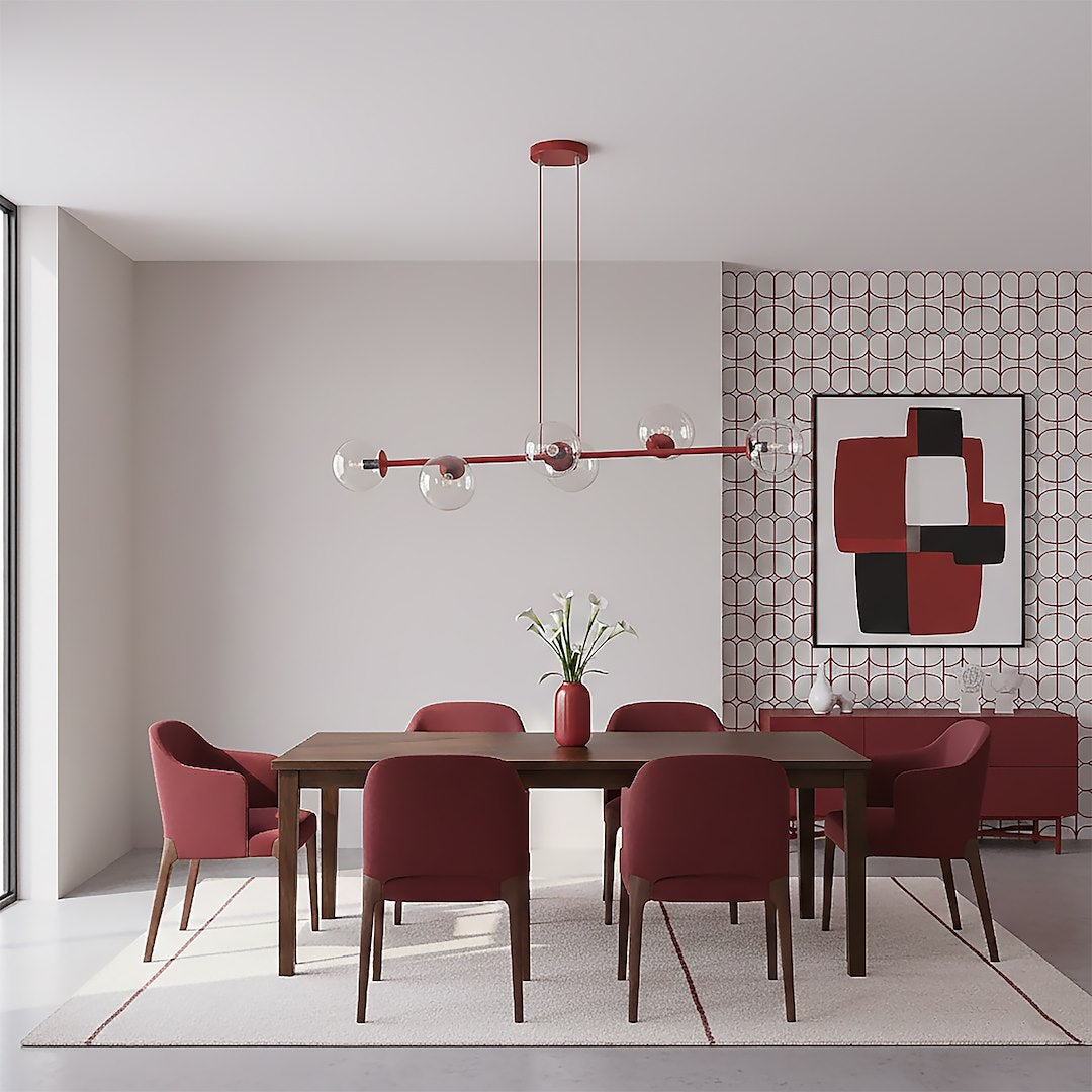 Hanglamp gepoedercoat staal en glas Magnus, bordeaux met transparante glazen kappen, 6 lichts, 110 cm breed