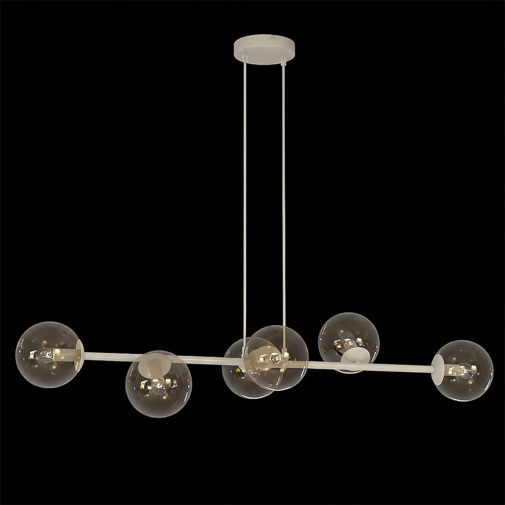 Hanglamp gepoedercoat staal en glas Magnus, beige met amber glas, breedte 110 cm, 6 fittingen E14