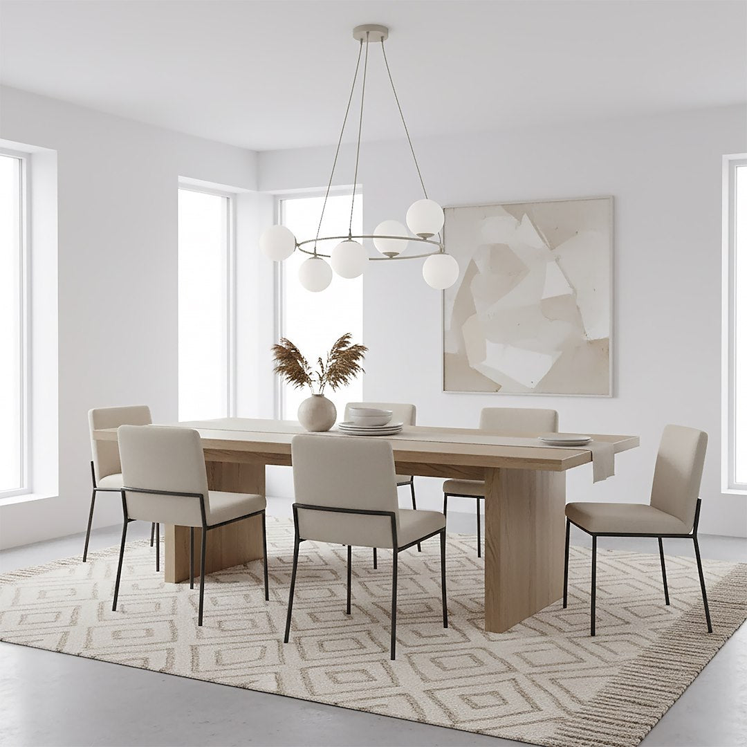 Hanglamp gepoedercoat staal en glas Azura, beige met witte glazen kappen, 6 lichtpunten, Ø 75 cm, glamour