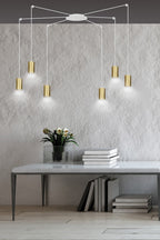 Hanglamp gepoedercoat staal Traker 6 lichts, wit met goud, modern, 6 GU10-fittingen, verstelbare hoogte