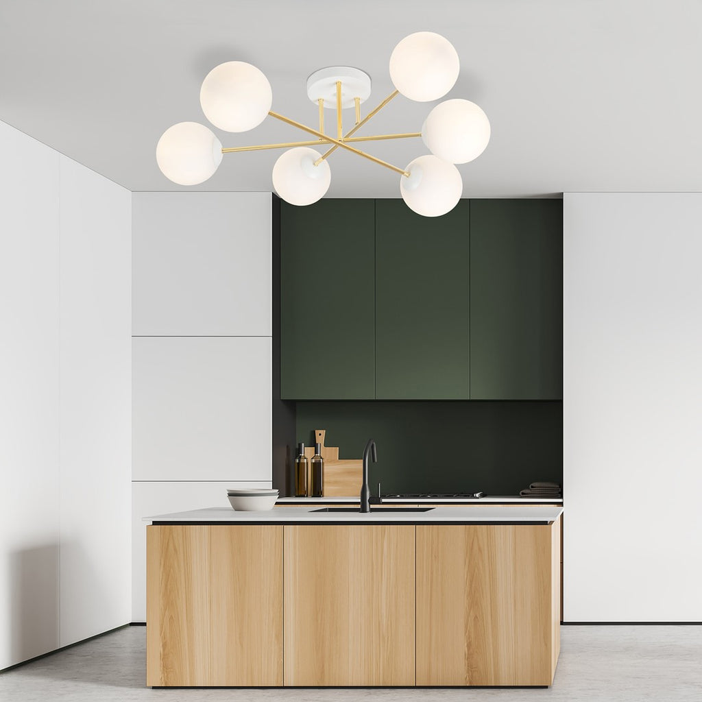 Plafondlamp gepoedercoat staal en glas Magnum, wit en goud, 6 lichts, 75 cm breed, woonkamer en eettafel