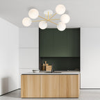 Plafondlamp gepoedercoat staal en glas Magnum, wit en goud, 6 lichts, 75 cm breed, woonkamer en eettafel