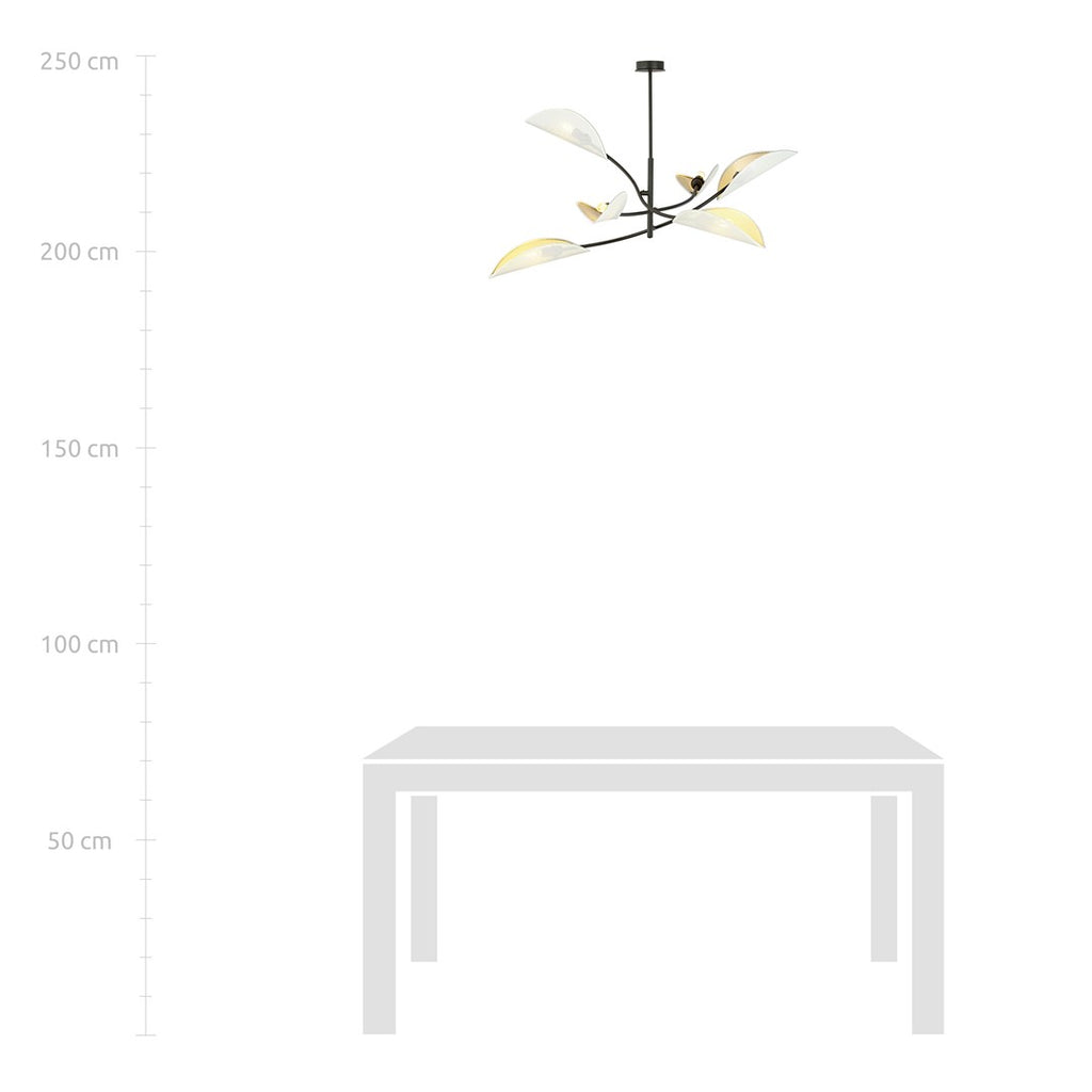 Plafondlamp 6 lichts gepoedercoat staal Lotus, zwart met wit en goud – 102 x 51 cm, woonkamer en slaapkamer