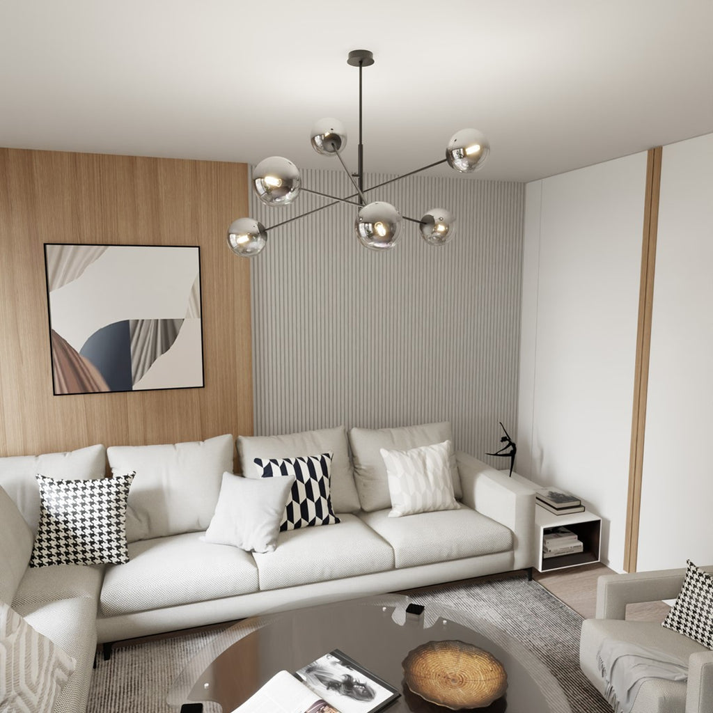 Hanglamp gepoedercoat staal en glas Linear zwart met grafiet kappen, 6 lichts, 102 x 51 cm, eettafel