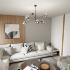 Hanglamp gepoedercoat staal en glas Linear zwart met grafiet kappen, 6 lichts, 102 x 51 cm, eettafel
