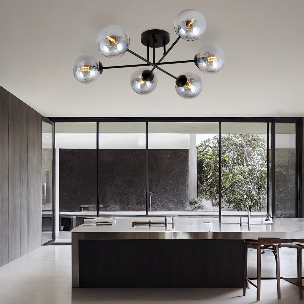 Plafondlamp gepoedercoat staal en glas Roma, zwart met grafiet glazen kappen, 6 lichts E14, 75 cm breed