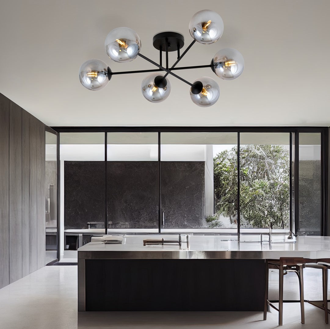 Plafondlamp gepoedercoat staal en glas Roma, zwart met grafiet glazen kappen, 6 lichts E14, 75 cm breed