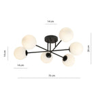 Plafondlamp gepoedercoat staal en glas Roma 6 lichts, zwart met witte glazen kappen, 75 cm breed, E14
