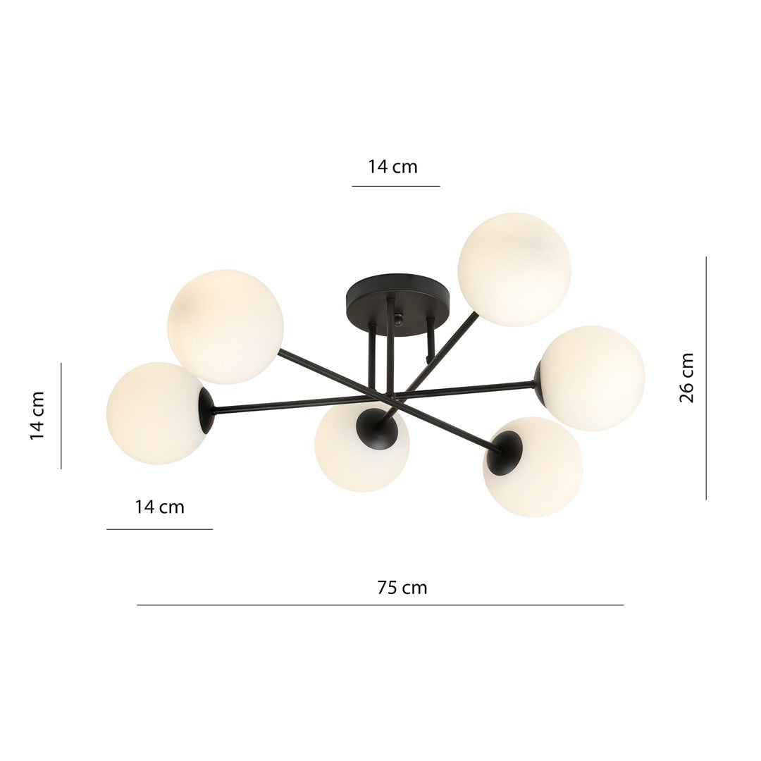 Plafondlamp gepoedercoat staal en glas Roma 6 lichts, zwart met witte glazen kappen, 75 cm breed, E14