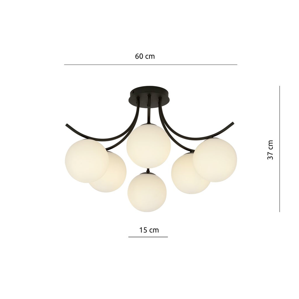 Plafondlamp Boston gepoedercoat staal en glas, zwart met witte kappen, 6 lichts, 70 x 37 cm