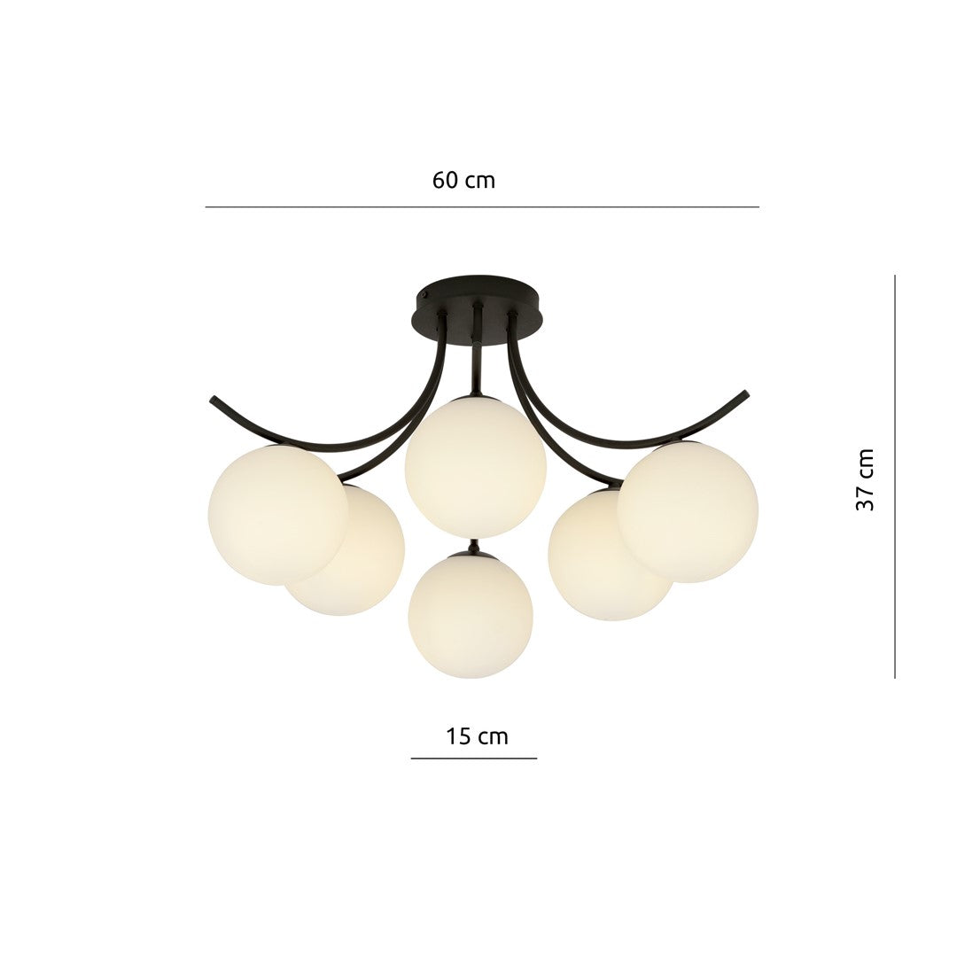Plafondlamp Boston gepoedercoat staal en glas, zwart met witte kappen, 6 lichts, 70 x 37 cm