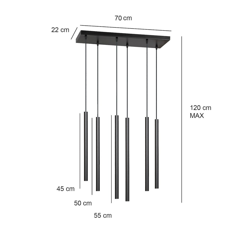 Hanglamp staal minimalistisch Selter 6 zwart, 6 lichtpunten G9 – 59 x 120 cm, woonkamer en eetkamer