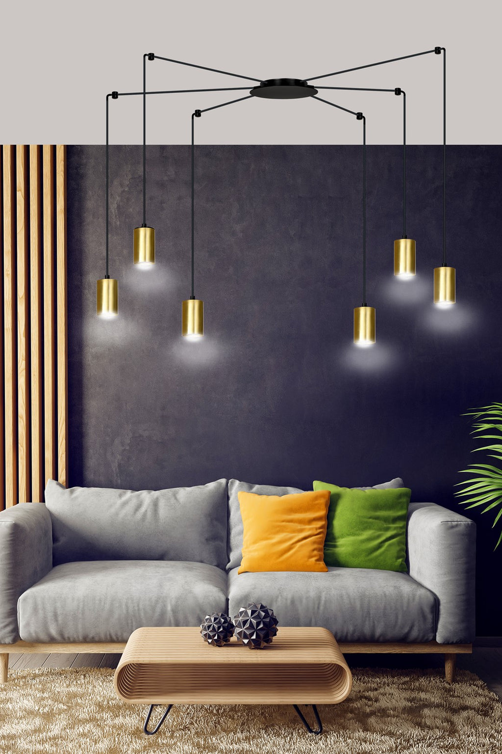 Hanglamp gepoedercoat staal modern Traker zwart met goud, 6 fittingen, verstelbare hoogte