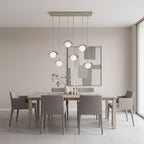 Hanglamp gepoedercoat staal en glas Ritual, beige met witte glazen bollen, 6 lampen, 75 cm breed