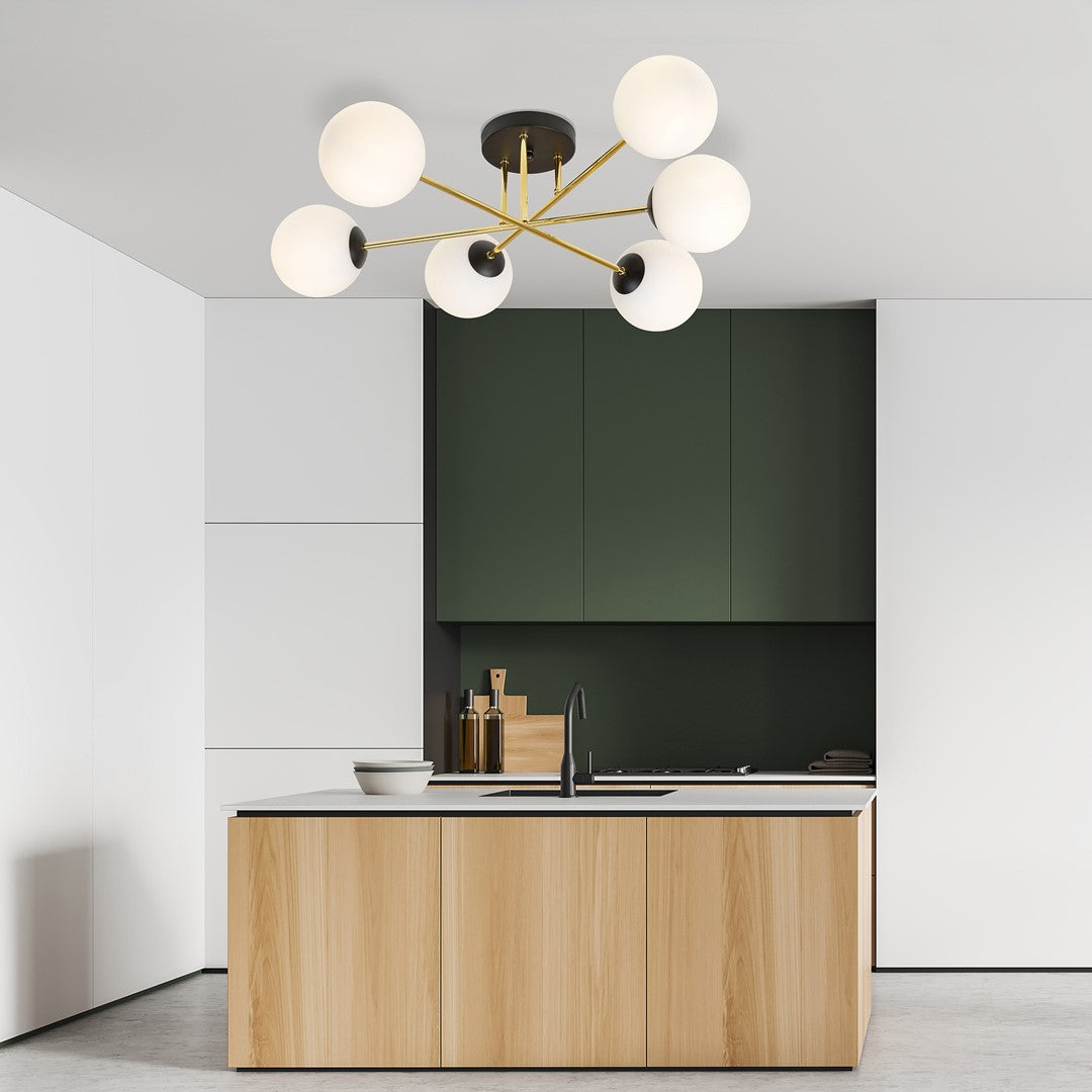 Plafondlamp 6 lichts glas en gepoedercoat staal, glamour zwart en goud met witte kappen, 75 cm breed