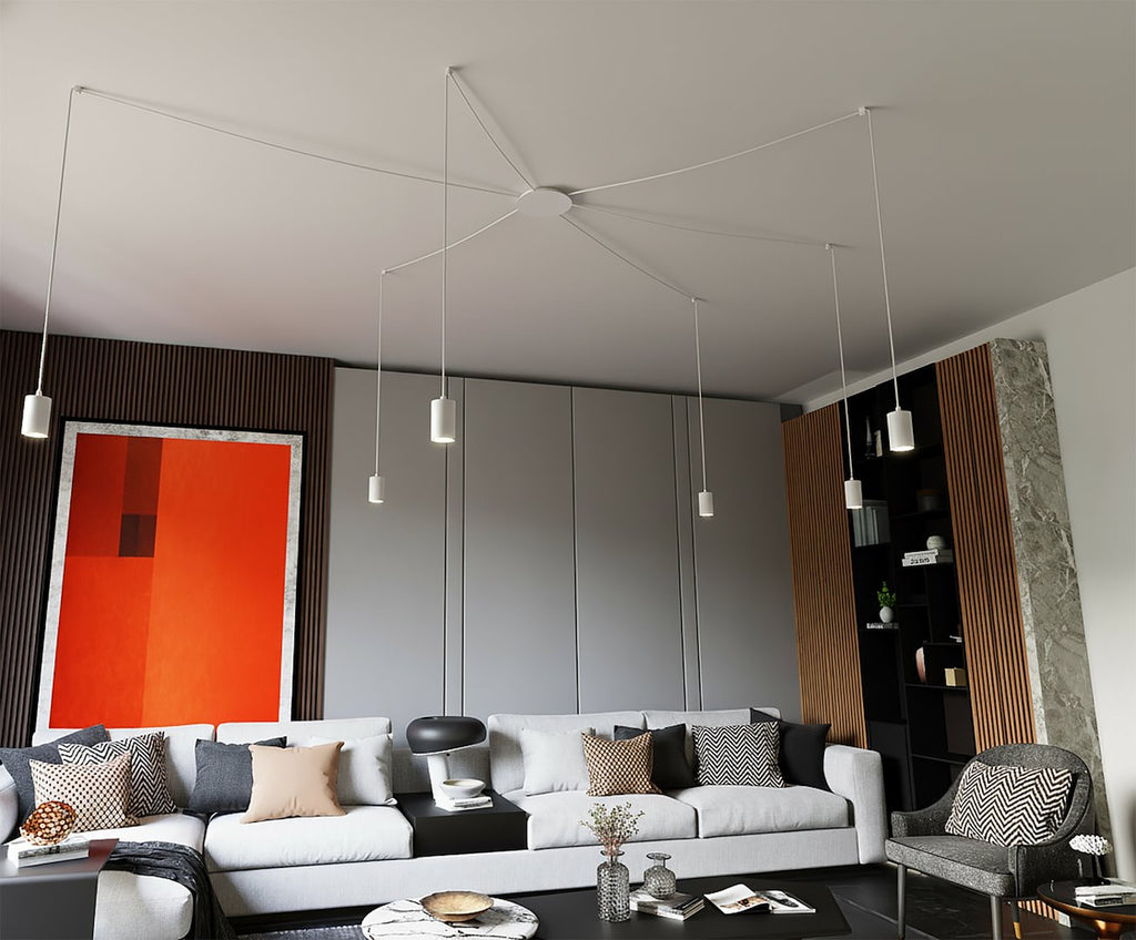 Hanglamp Traker gepoedercoat staal modern wit met 6 GU10-fittingen, 300 x 300 cm, hoogte verstelbaar