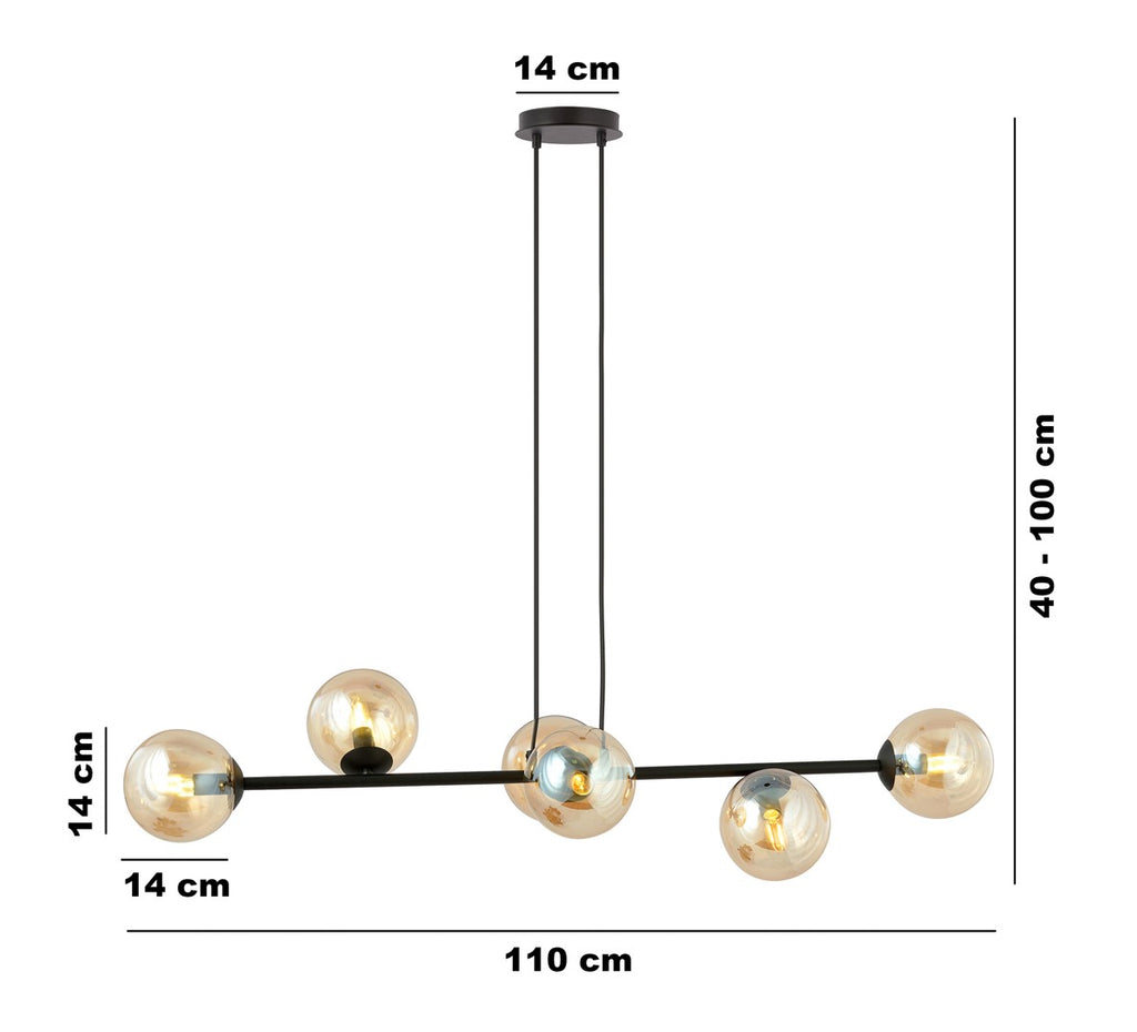 Hanglamp gepoedercoat staal en glas Rossi, zwart met amber glas, 6 lichts, 110 x 100 cm, woonkamer en eetkamer