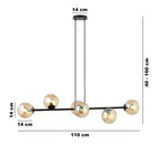 Hanglamp gepoedercoat staal en glas Rossi, zwart met amber glas, 6 lichts, 110 x 100 cm, woonkamer en eetkamer