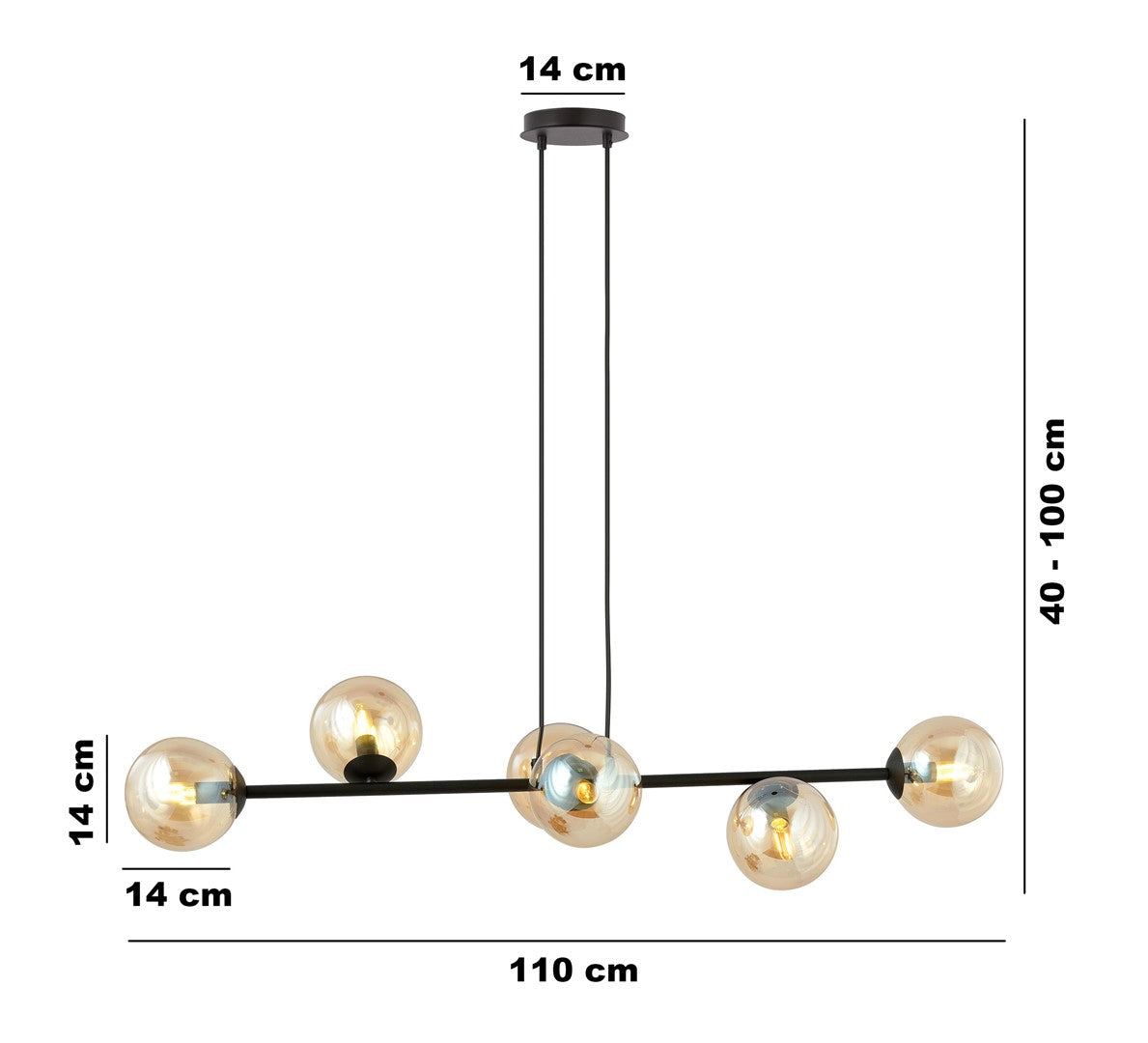 Hanglamp gepoedercoat staal en glas Rossi, zwart met amber glas, 6 lichts, 110 x 100 cm, woonkamer en eetkamer