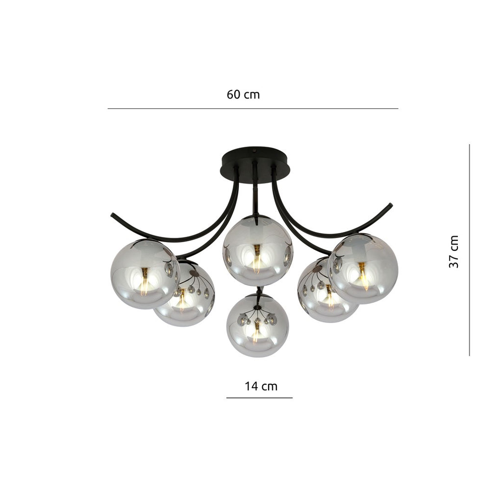 Plafondlamp gepoedercoat staal en glas Boston, zwart met grafiet kappen, 6 lichts, 70 cm breed, woonkamer