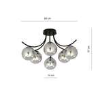 Plafondlamp gepoedercoat staal en glas Boston, zwart met grafiet kappen, 6 lichts, 70 cm breed, woonkamer
