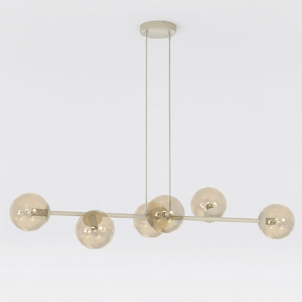 Hanglamp gepoedercoat staal en glas Magnus, beige met amber glas, breedte 110 cm, 6 fittingen E14