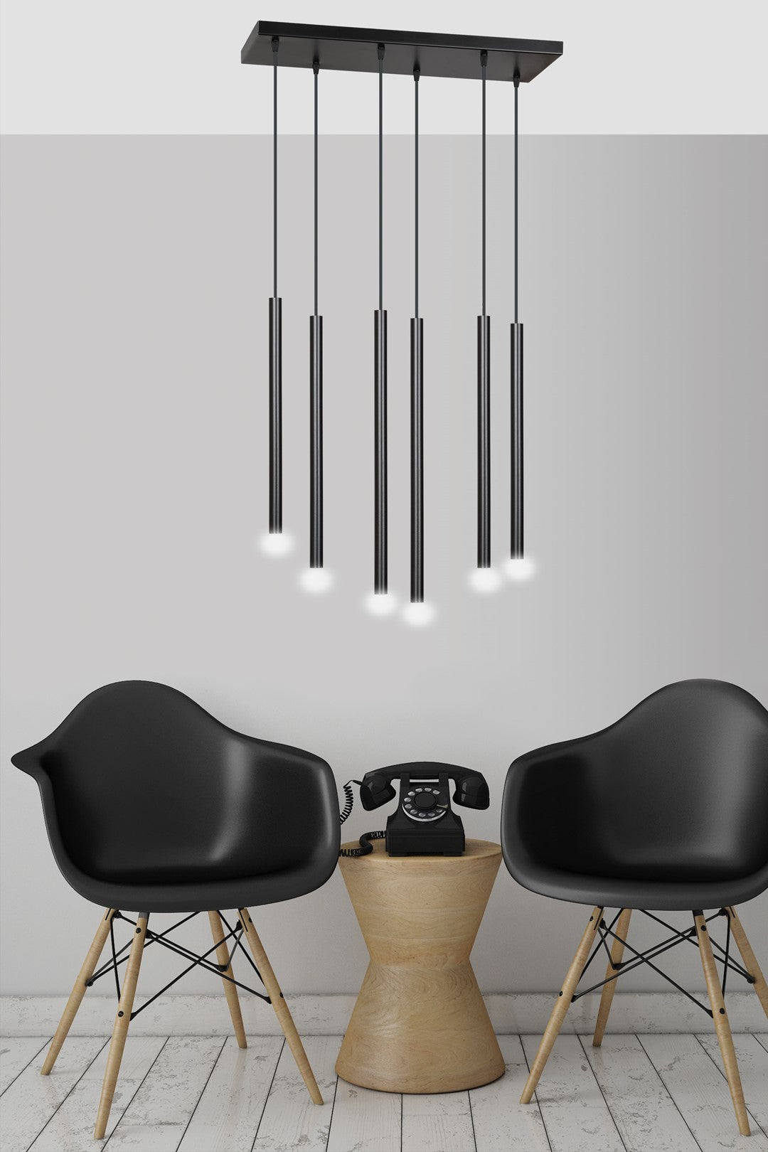 Hanglamp staal minimalistisch Selter 6 zwart, 6 lichtpunten G9 – 59 x 120 cm, woonkamer en eetkamer