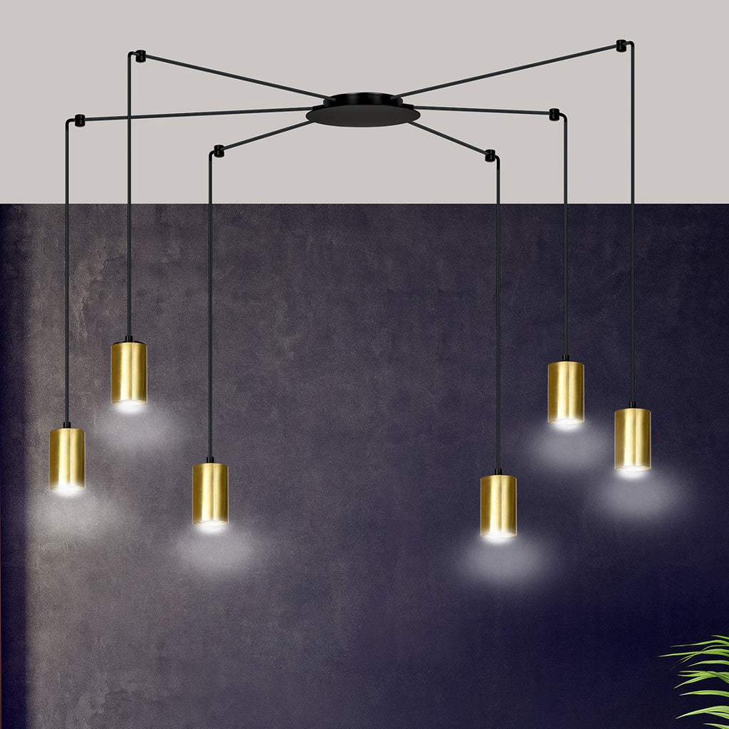 Hanglamp gepoedercoat staal modern Traker zwart met goud, 6 fittingen, verstelbare hoogte