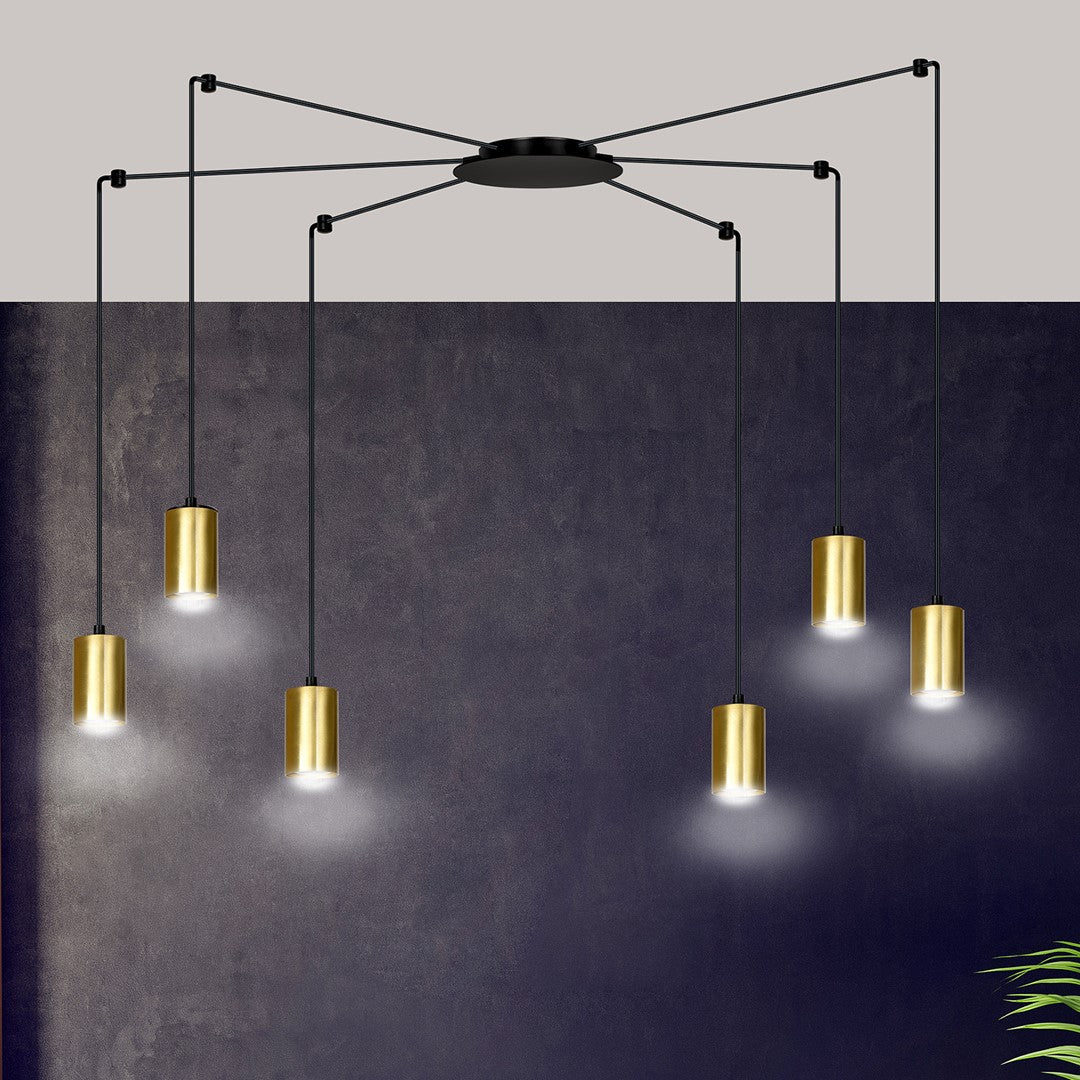 Hanglamp gepoedercoat staal modern Traker zwart met goud, 6 fittingen, verstelbare hoogte