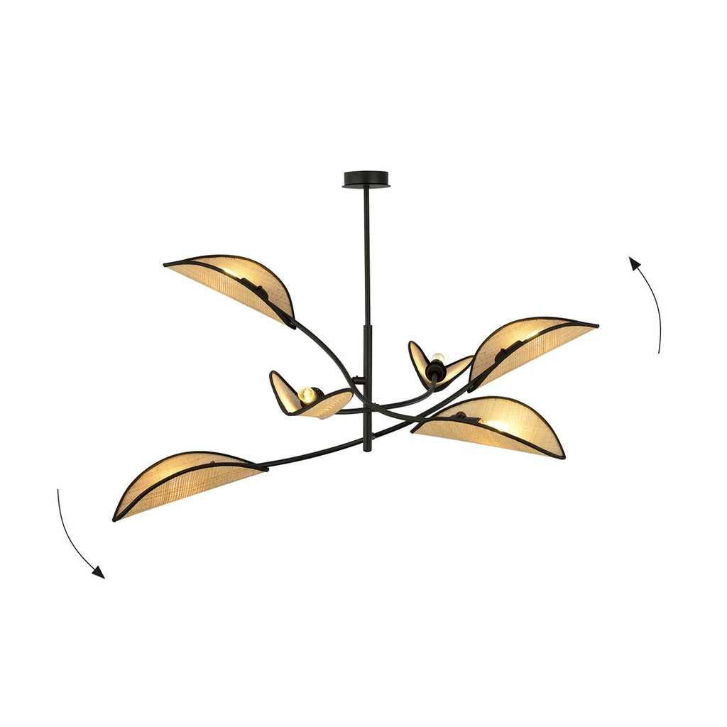 Plafondlamp Lotus gepoedercoat staal en rotan, boho, zwart met naturel kappen, 6 lichtpunten, 102 x 51 cm