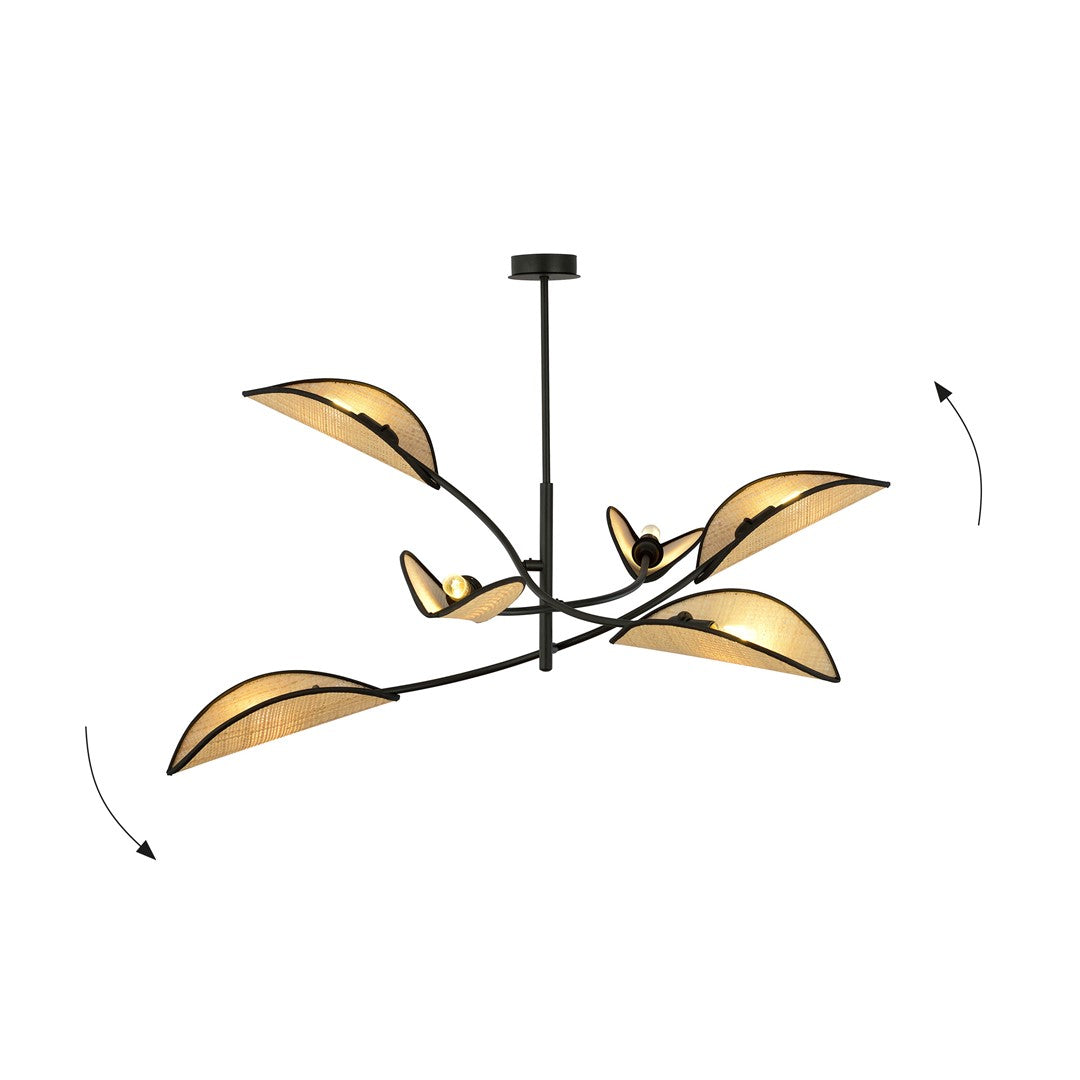 Plafondlamp Lotus gepoedercoat staal en rotan, boho, zwart met naturel kappen, 6 lichtpunten, 102 x 51 cm