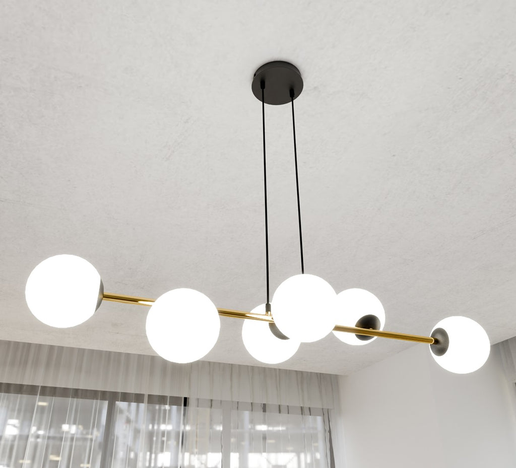 Hanglamp gepoedercoat staal en glas Gravity, zwart met goud en witte glazen kappen, 6 lichts, 110 cm breed
