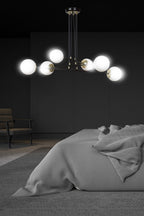 Hanglamp gepoedercoat staal en glas Ognis, zwart met witte glazen kappen, 6 lichtpunten, E27, eettafel en hal