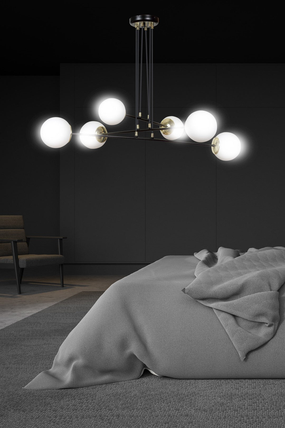 Hanglamp gepoedercoat staal en glas Ognis, zwart met witte glazen kappen, 6 lichtpunten, E27, eettafel en hal
