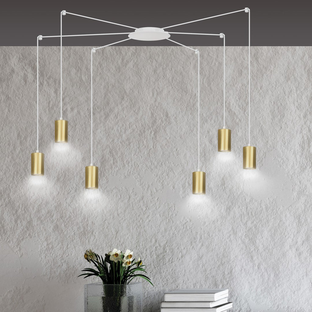 Hanglamp gepoedercoat staal Traker 6 lichts, wit met goud, modern, 6 GU10-fittingen, verstelbare hoogte