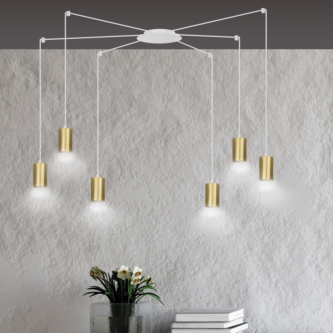 Hanglamp gepoedercoat staal Traker 6 lichts, wit met goud, modern, 6 GU10-fittingen, verstelbare hoogte