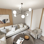 Hanglamp 6 lichts gepoedercoat staal en glas, modern, zwart met wit opaal glas, 102 x 51 cm, eettafel en keuken